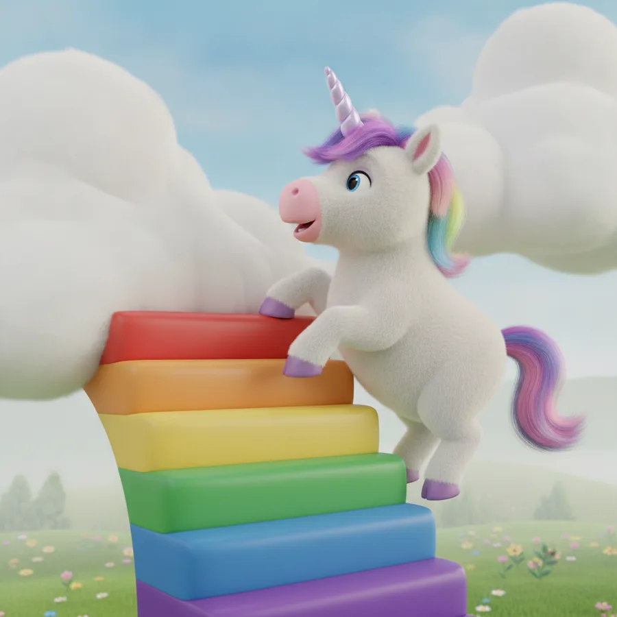 Esta página para colorir apresenta um unicórnio fofo subindo escadas coloridas. As grandes áreas da paisagem são fáceis de colorir, enquanto a crina e o chifre detalhados oferecem um desafio divertido.