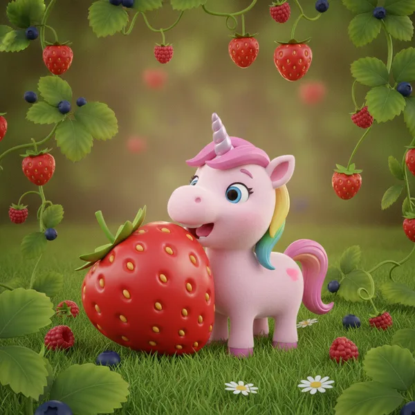 A cute unicorn playing with a strawberry — Free Coloring Page for Kids