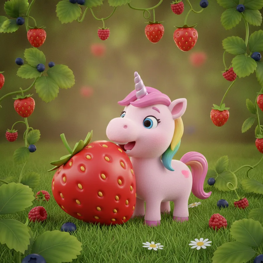 A cute unicorn playing with a strawberry — Free Coloring Page for Kids