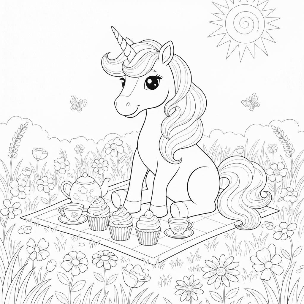 Pink Unicorn Picnic Coloring Page — Free Printable Coloring Page for Kids coloring page