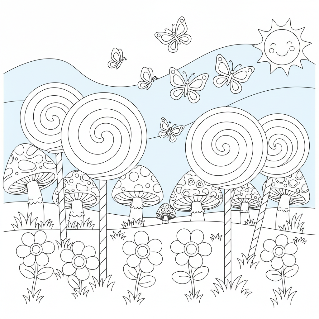 Candy Meadow Adventure — Free Printable Coloring Page for Kids coloring page