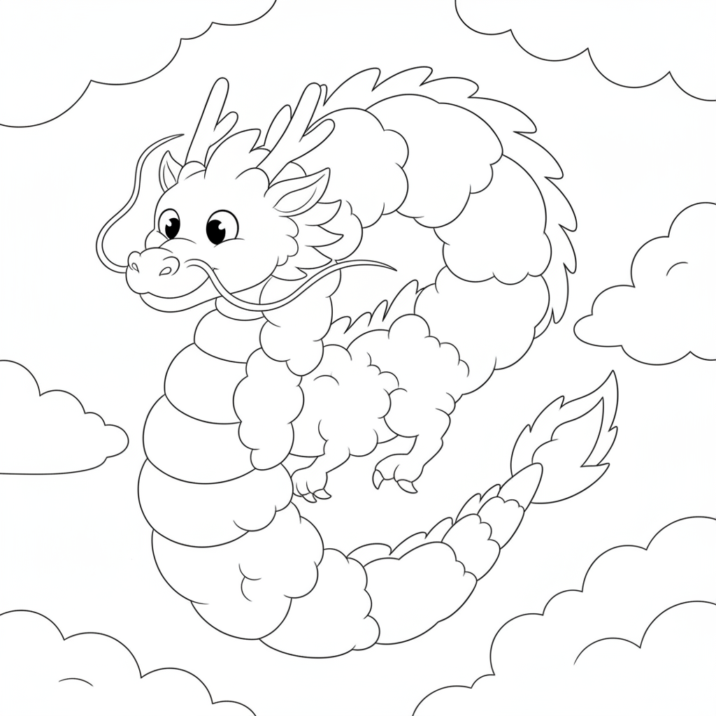 Un dragon coloré volant dans des nuages moelleux — Coloriage dragon — Gratuit à Imprimer