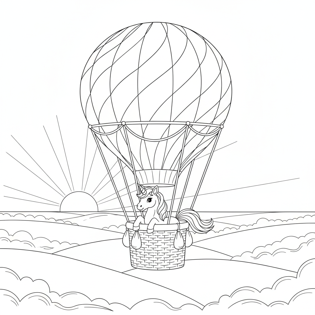 Ein süßes Einhorn im Heißluftballon — Einhorn Ausmalbild — Kostenlos Ausdrucken