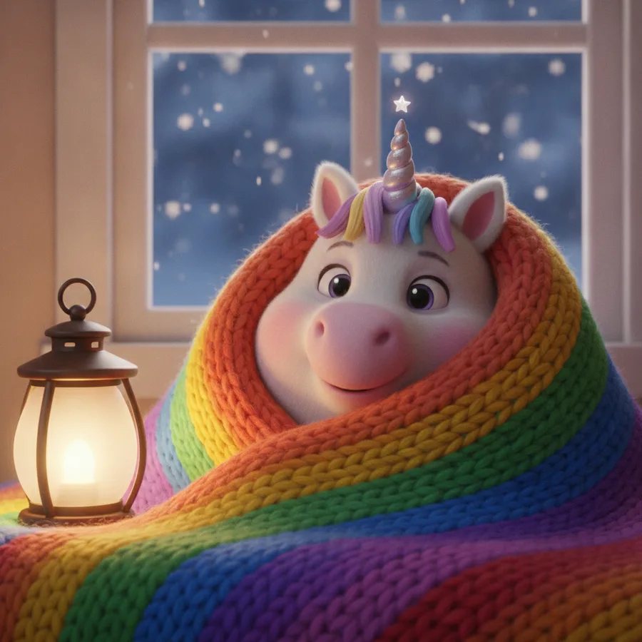 This adorable unicorn coloring page features easy-to-color areas like the rainbow blanket and lantern. The snow outside adds a fun challenge for older kids.