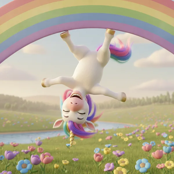 Cheerful Unicorn Hanging from a Rainbow — Free Coloring Page for Kids