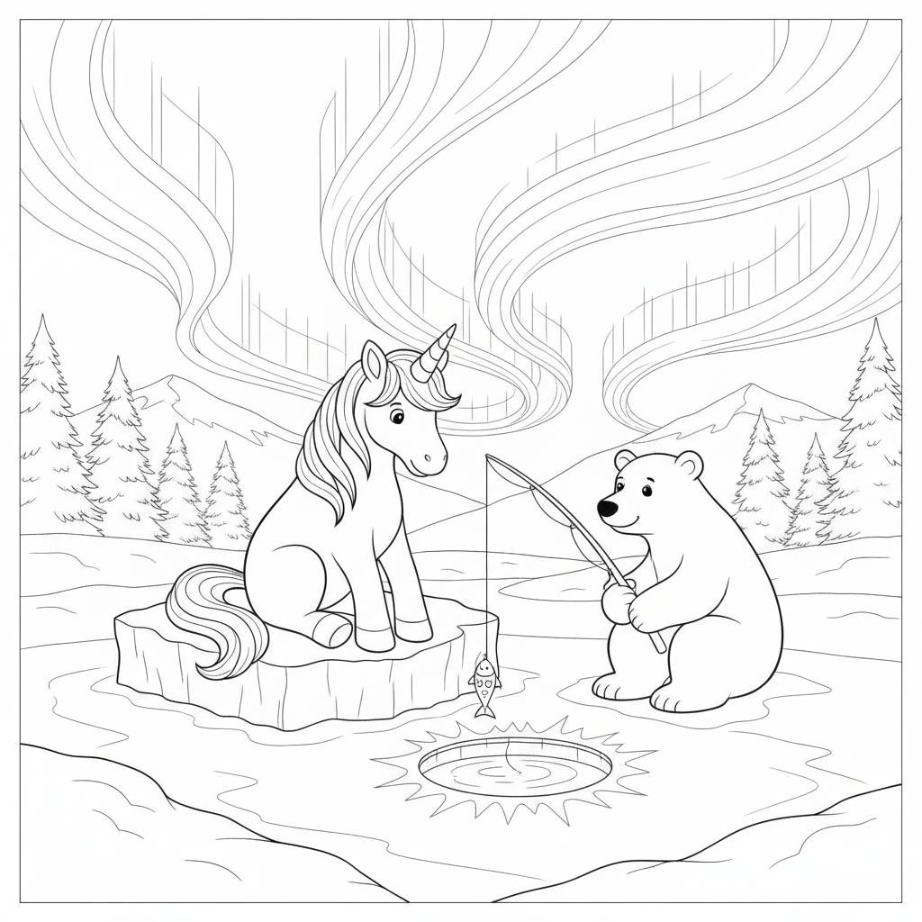 Ours Polaire et Licorne Pêchant sur Glace — Coloriage Licorne — Gratuit à Imprimer