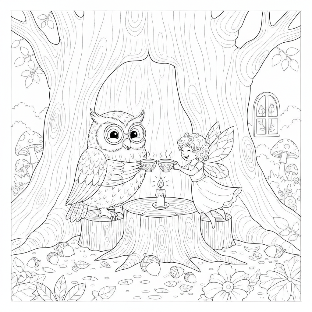 Fiesta de Té de Búho y Hada — Dibujos para Colorear Gratis para Imprimir