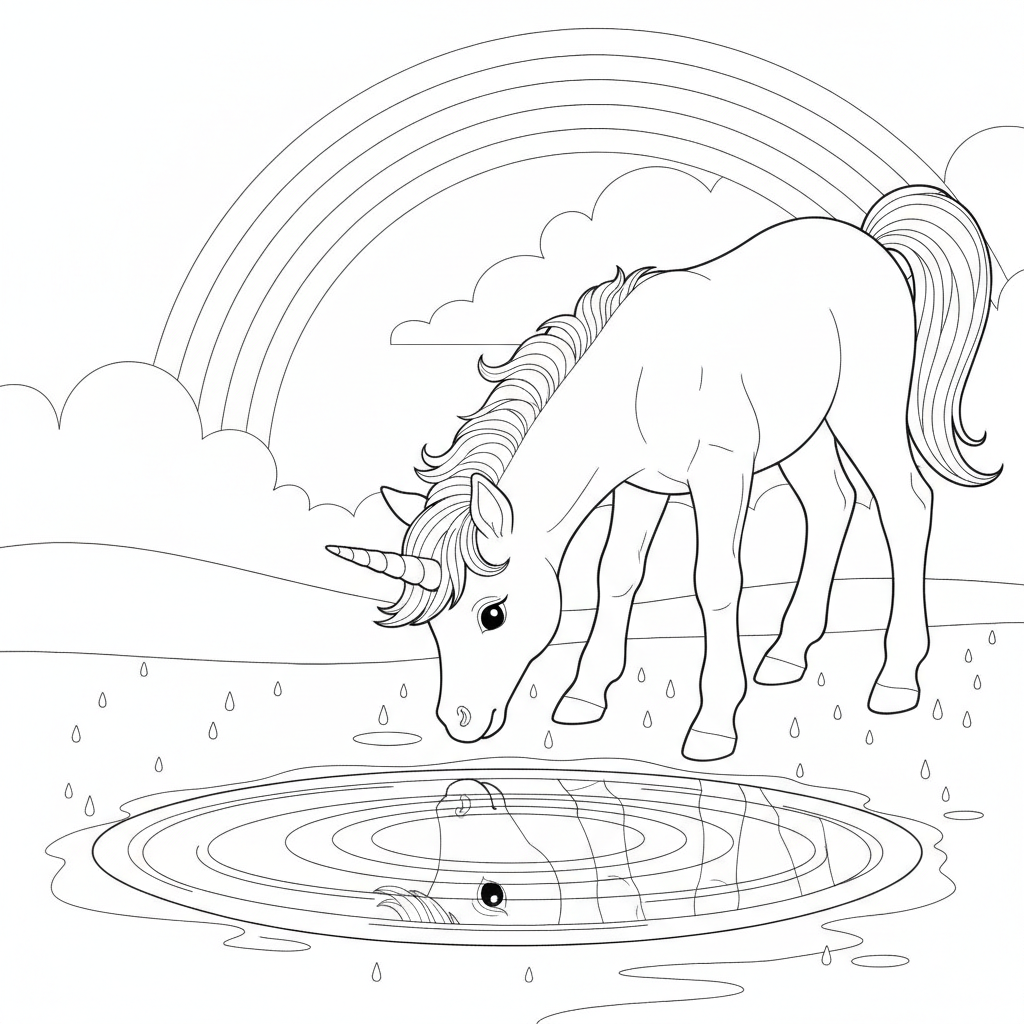 Cute Unicorn Drinking from a Puddle — Free Coloring Page for Kids