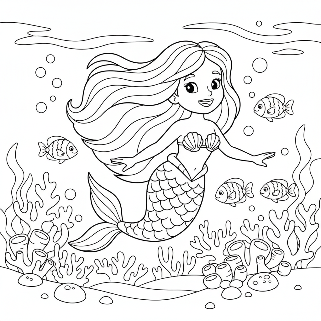 Rainbow Mermaid Adventure — Free Coloring Page for Kids coloring page