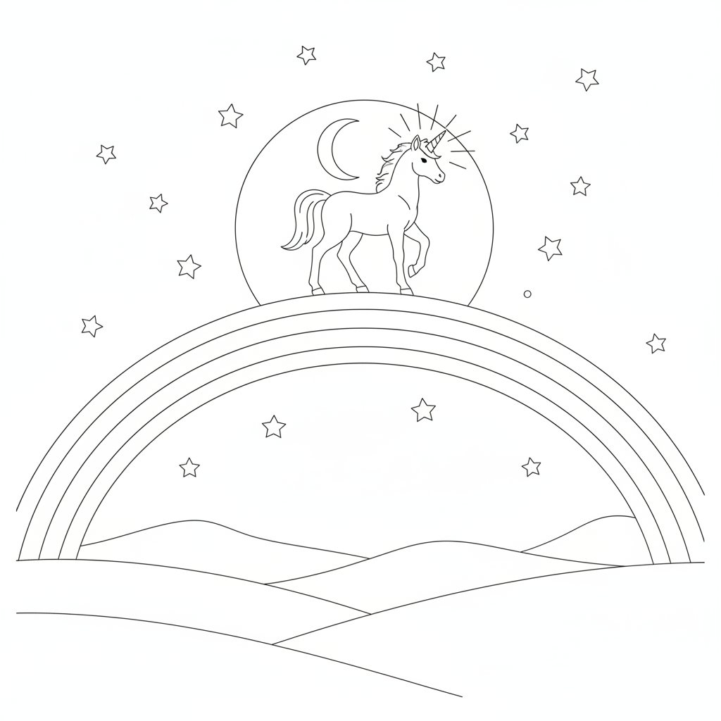 Cute Unicorn on a Rainbow — Free Coloring Page for Kids