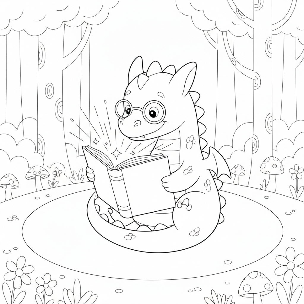 Dragón Lector en un Entorno Acogedor — Dibujos de Dragón para Colorear — Gratis para Imprimir