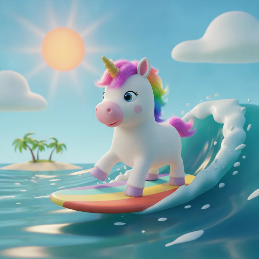 Esta alegre escena del unicornio presenta grandes áreas como la tabla de surf para colorear fácilmente, mientras que las olas y nubes ofrecen un desafío divertido.