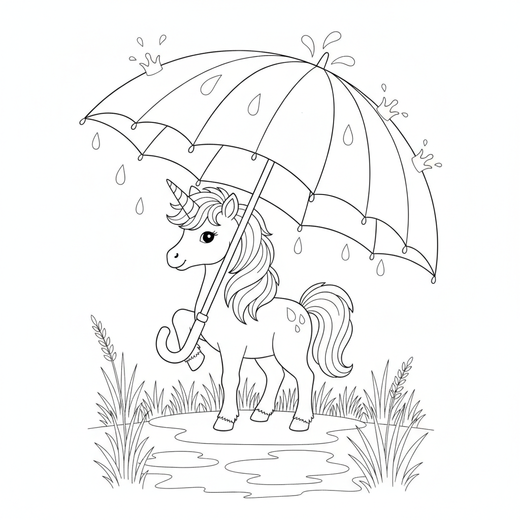 Cute Unicorn with Rainbow Umbrella — Free Coloring Page for Kids