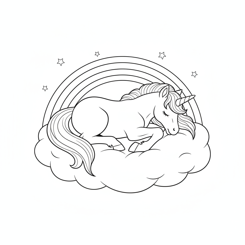 Licorne Endormie sur un Nuage — Coloriage Licorne — Gratuit à Imprimer