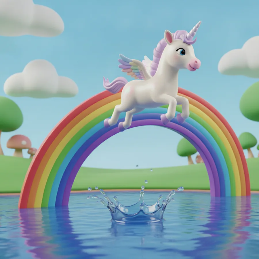This delightful coloring page features a playful unicorn jumping over a rainbow. The large areas of the unicorn and rainbow are easy to color, while the details in the landscape provide a fun challenge.