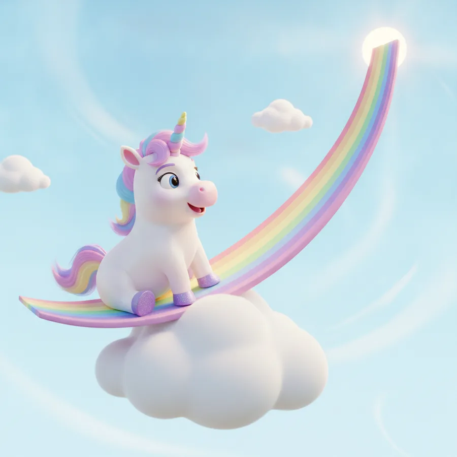 Dieses Ausmalbild zeigt ein süßes Einhorn auf einem hellen Regenbogen. Die großen Bereiche des Regenbogens sind leicht auszumalen, während die fluffigen Wolken eine lustige Herausforderung darstellen.