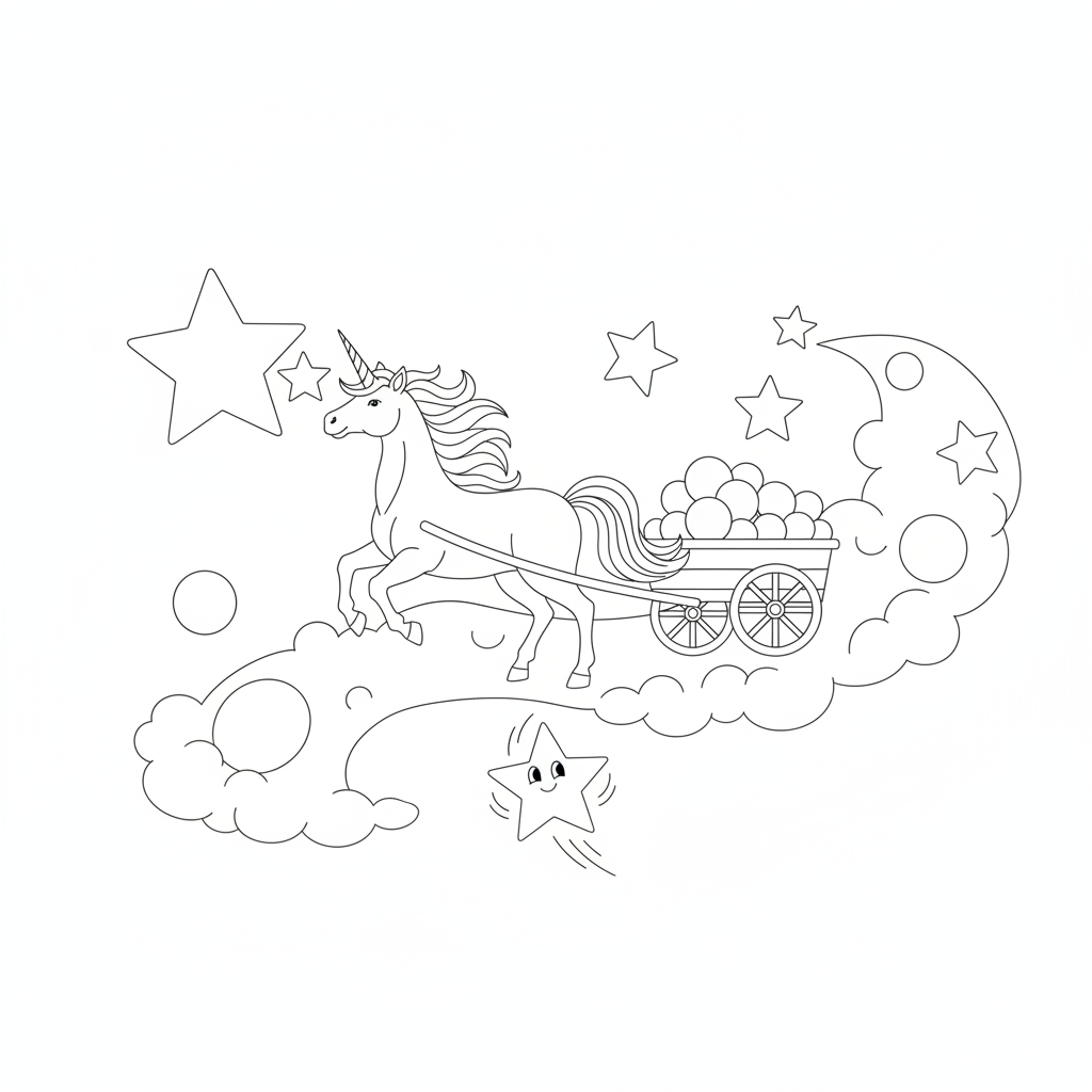 Ein fantasievoller Einhorn mit einem Sternenwagen — Einhorn Ausmalbild — Kostenlos Ausdrucken