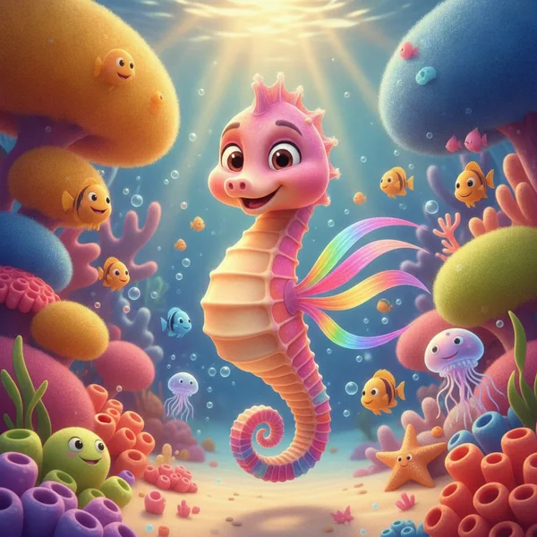 Escena vibrante submarina con un alegre caballito de mar — Dibujos de Caballitos de Mar para Colorear — Gratis para Imprimir