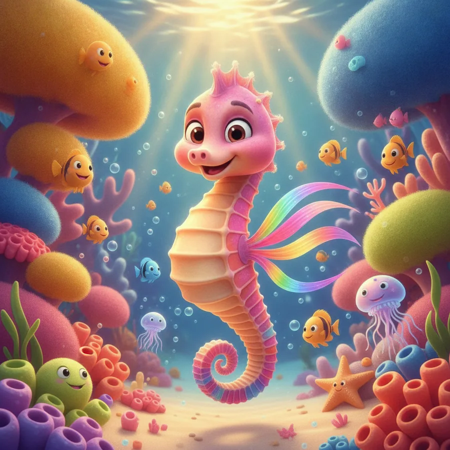 Dieses Ausmalbild zeigt ein fröhliches Seepferdchen, umgeben von bunten Korallen und verspielten Fischen. Die größeren Bereiche, wie der Körper des Seepferdchens, sind einfach zu bemalen, während die filigranen Details der Korallen eine unterhaltsame Herausforderung bieten.