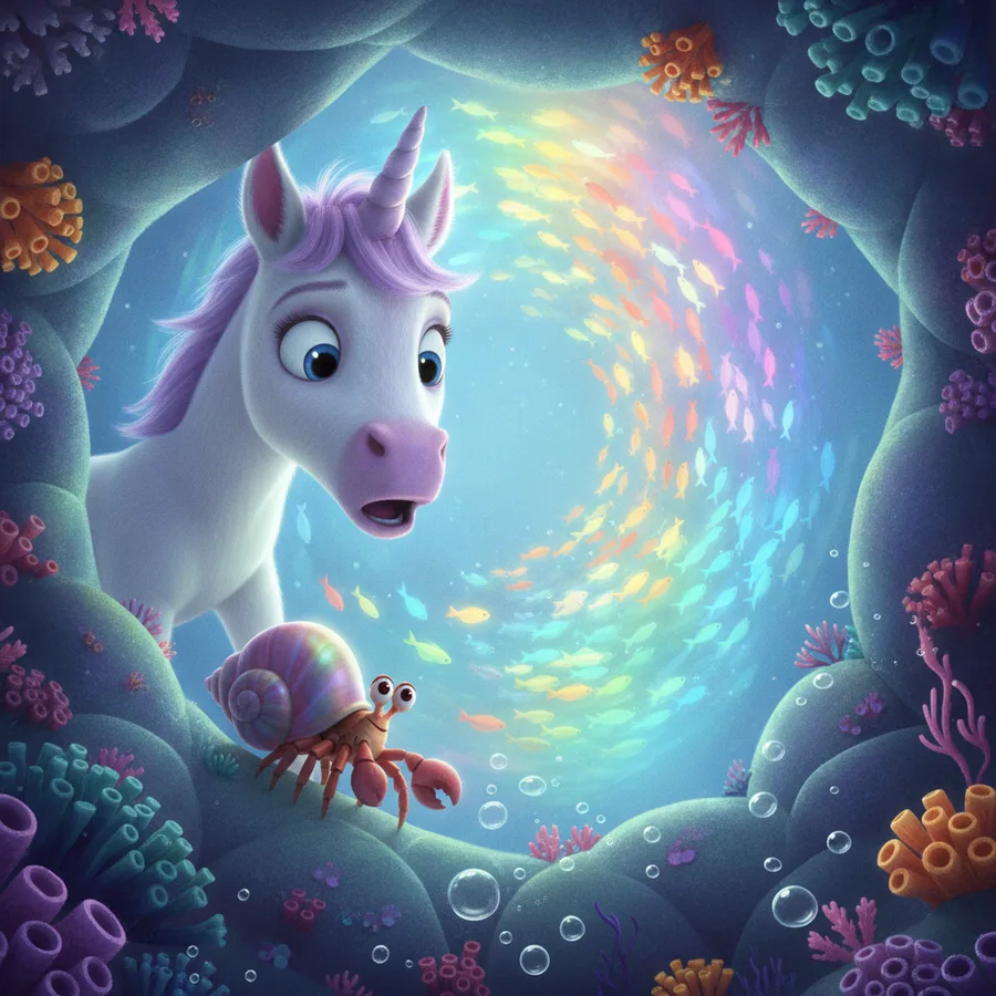 Auf diesem Ausmalbild sieht man ein überraschter Einhorn, das durch einen Korallenbogen schaut. Die großen Flächen des Wassers und der Blasen sind einfach auszumalen, während die filigranen Details der Fische und Korallen eine unterhaltsame Herausforderung bieten.