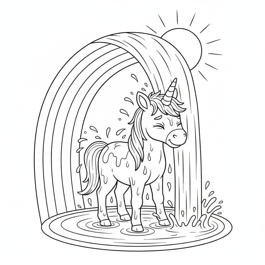Licorne Jouant dans une Piscine Arc-en-Ciel — Coloriage Licorne — Gratuit à Imprimer