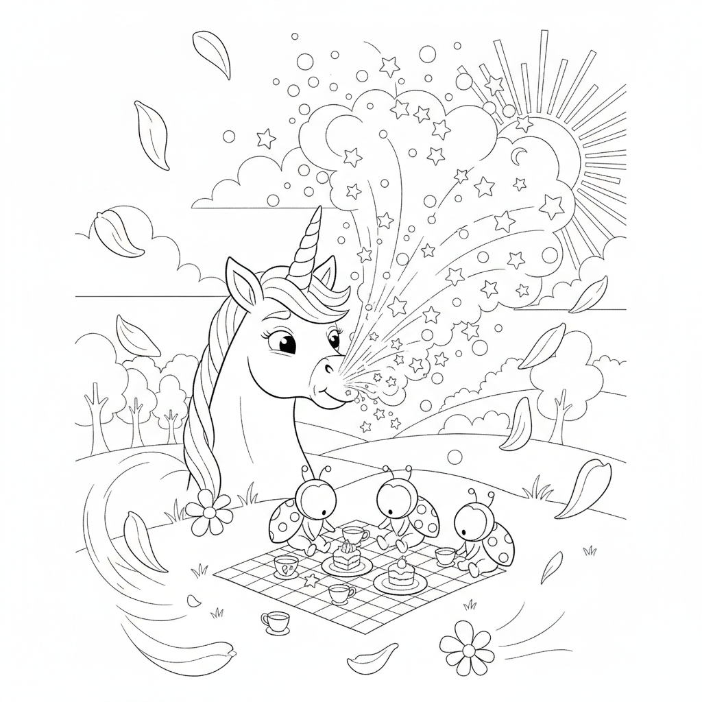 Ein fröhliches Einhorn, das Glitzer bläst — Einhorn Ausmalbild — Kostenlos Ausdrucken