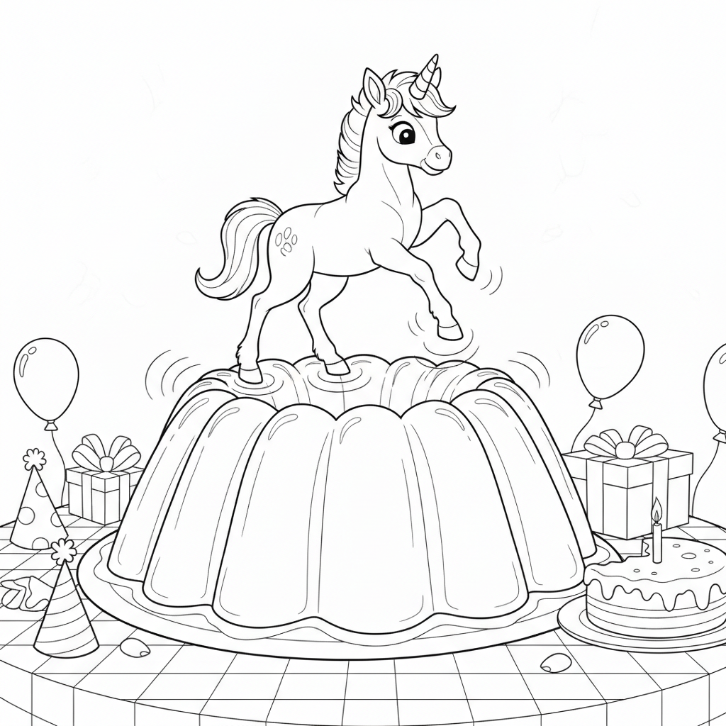 Cheerful Unicorn on Rainbow Jelly Dessert — Free Coloring Page for Kids