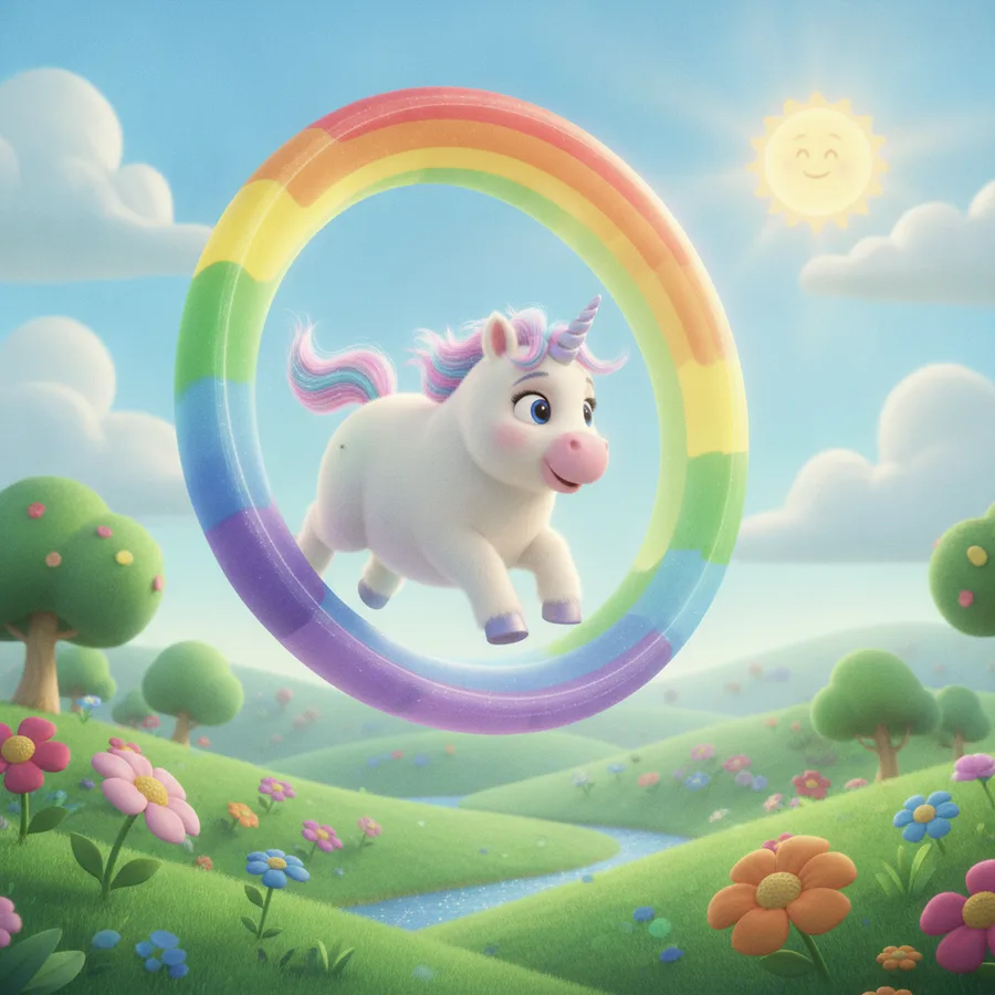 Diese bezaubernde Ausmalseite zeigt ein glückliches Einhorn, das durch einen bunten Reifen springt. Kinder werden die einfachen Bereiche wie die Sonne und die Blumen lieben, während die Mähne des Einhorns eine spannende Herausforderung darstellt.