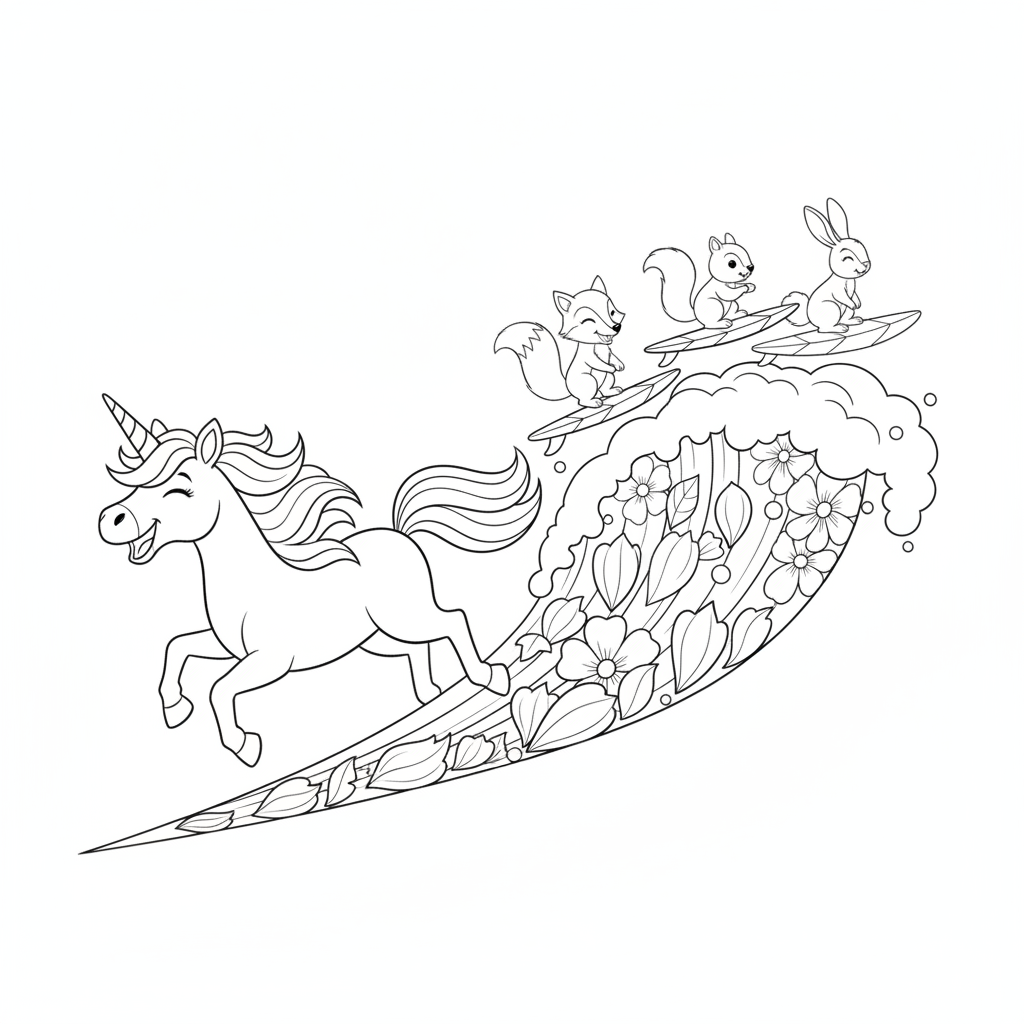 Fröhliches Einhorn auf einer Blumenwelle — Einhorn Ausmalbild — Kostenlos Ausdrucken