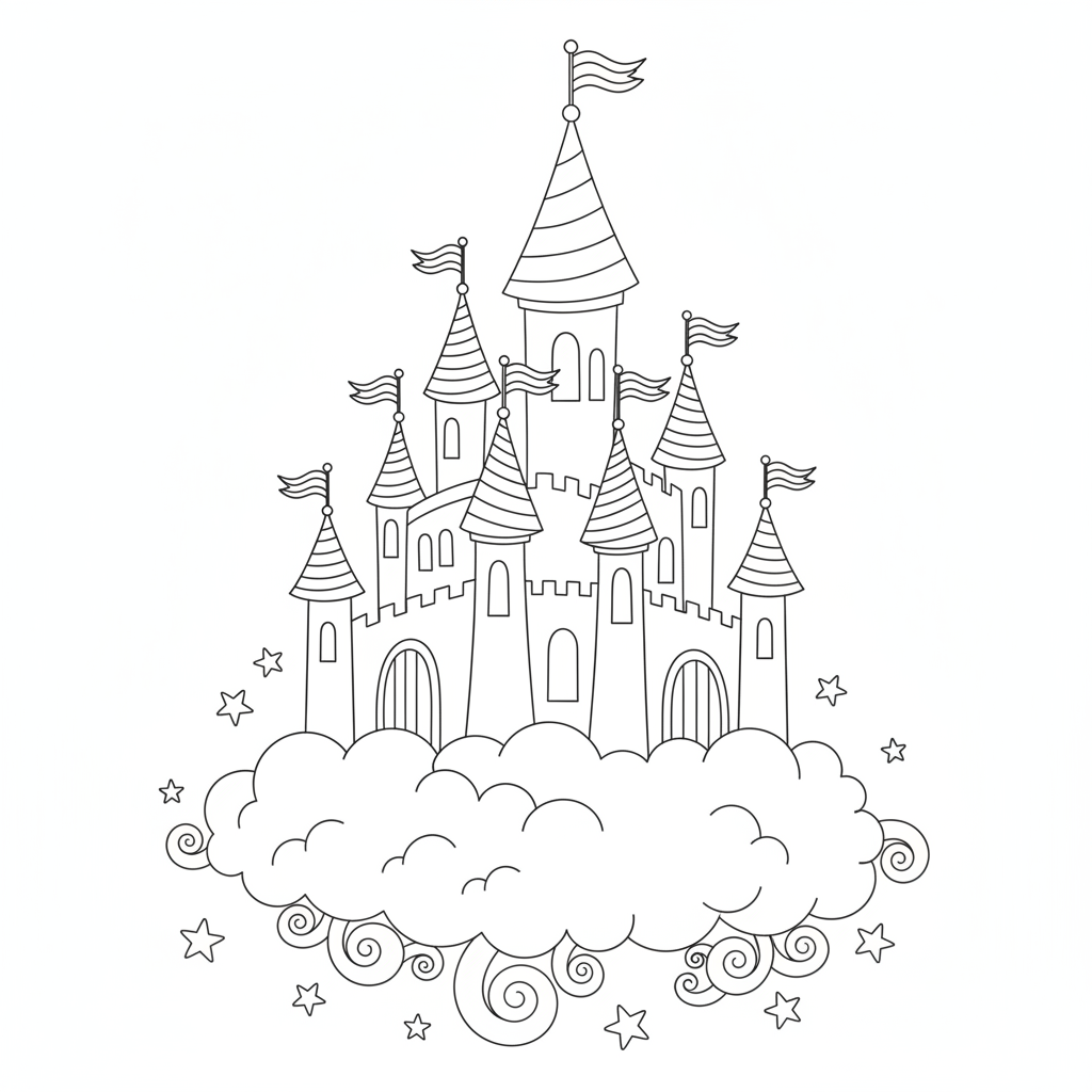 Château féerique dans les nuages — Coloriage château — Gratuit à Imprimer