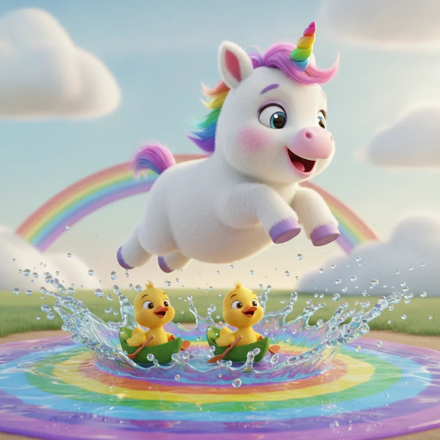 Dieses Ausmalbild zeigt ein fröhliches Einhorn, das über ein buntes Spritzpad springt, während niedliche Enten unten planschen. Die Bereiche des Einhorns sind einfach zu colorieren, während die Details eine Herausforderung bieten.