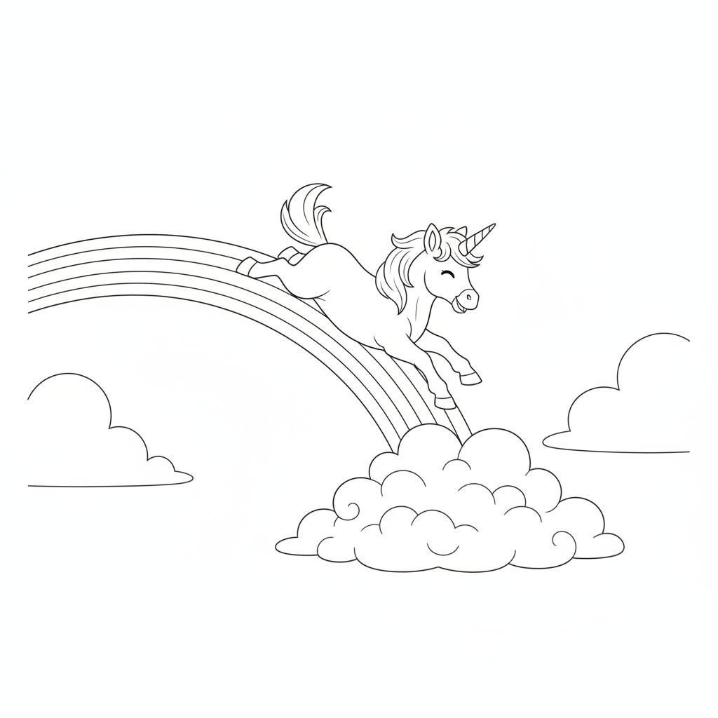 Unicornio Alegre Saltando Sobre un Arcoíris — Dibujos de Unicornio para Colorear — Gratis para Imprimir