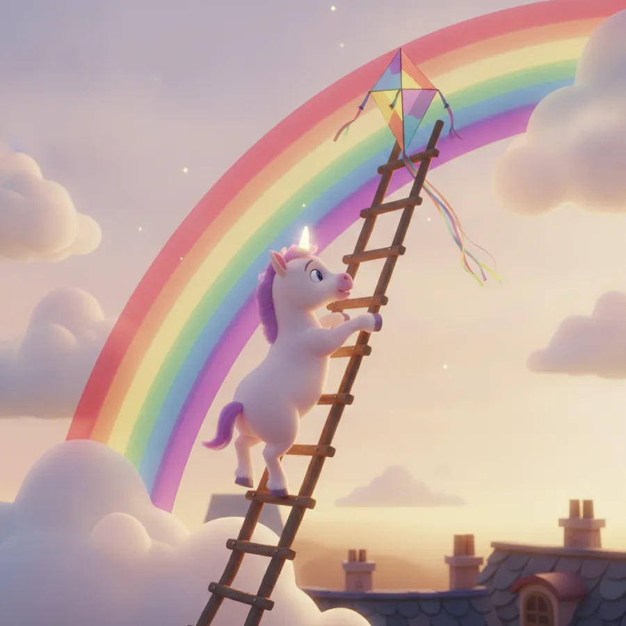 Esta encantadora página de colorir apresenta um unicórnio fofo subindo uma escada arco-íris. As nuvens são fáceis de colorir, enquanto a crina do unicórnio apresenta um desafio divertido.