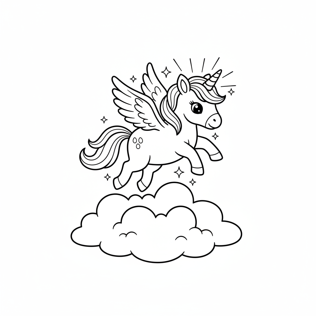 Cute Unicorn Flying Above Clouds — Free Coloring Page for Kids coloring page