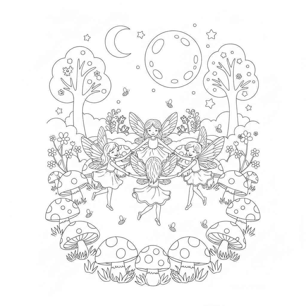 Three Fairies Dancing in Moonlight — Free Coloring Page for Kids