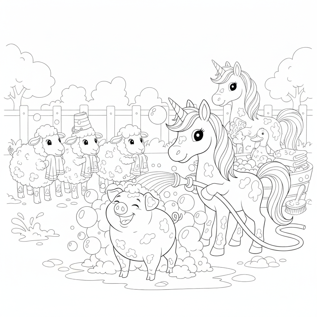 Whimsical Unicorns Bathing a Cow — Free Coloring Page for Kids