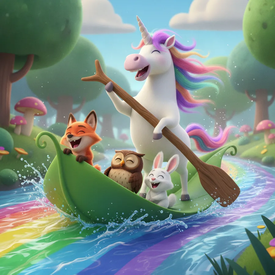 Diese bezaubernde Ausmalseite zeigt ein fröhliches Einhorn und seine Freunde in einer bunten Umgebung. Die großen Flächen des Bootes und des Flusses sind einfach auszumalen, während die komplexen Details der Pilze eine spaßige Herausforderung bieten.