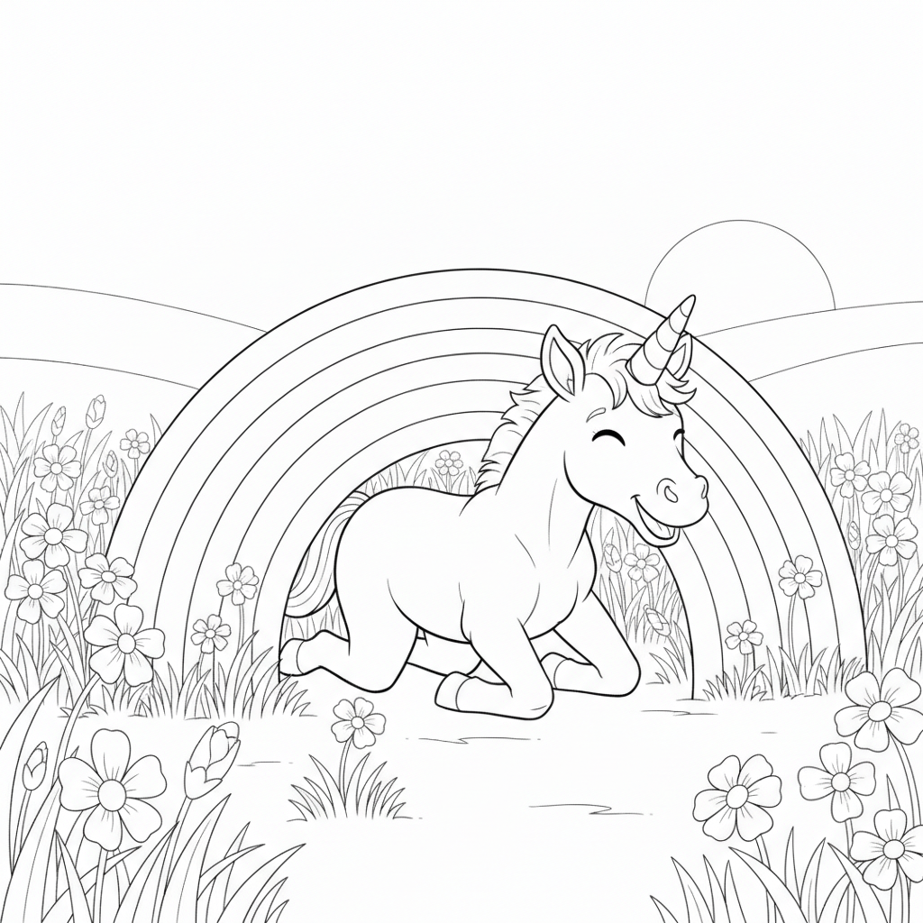 Niedlicher Einhorn Unter einem Regenbogen — Einhorn Ausmalbild — Kostenlos Ausdrucken