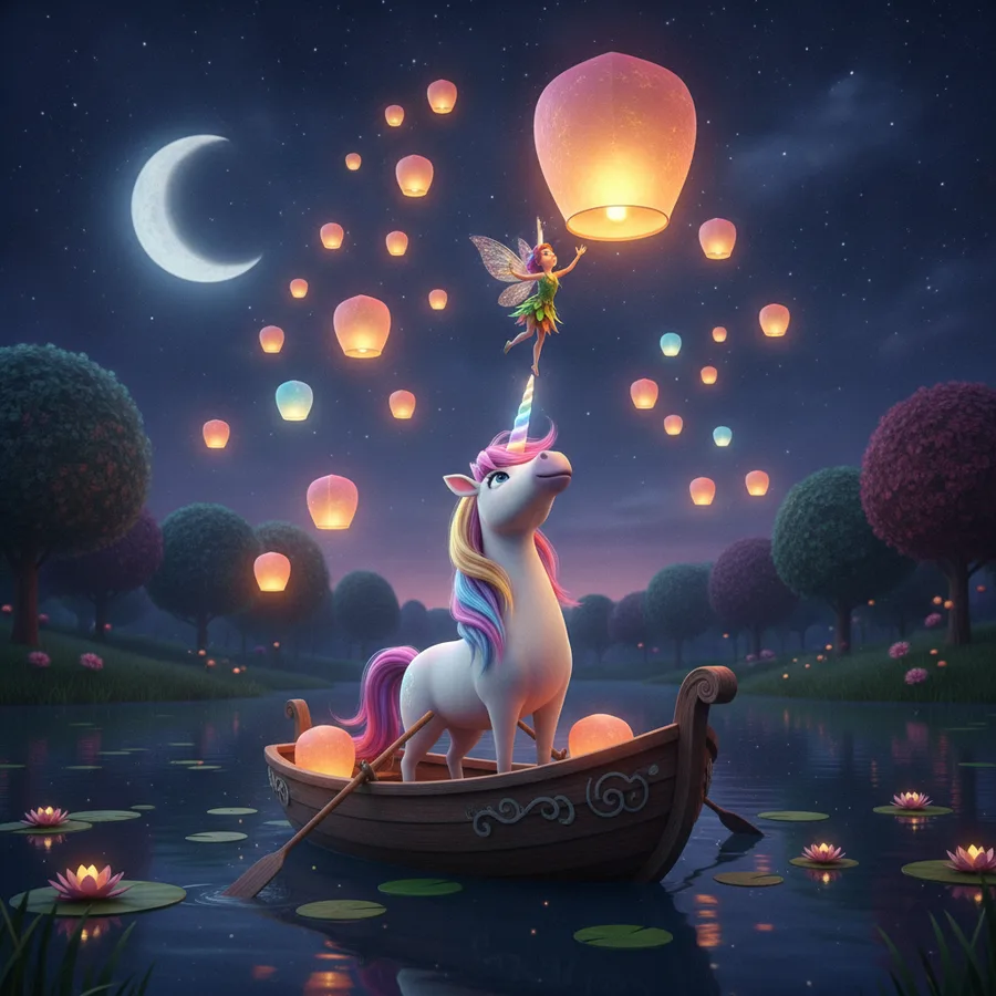 This whimsical scene features a unicorn in a boat, with easy areas like the water and lanterns, while the unicorn's mane offers a fun challenge to color.