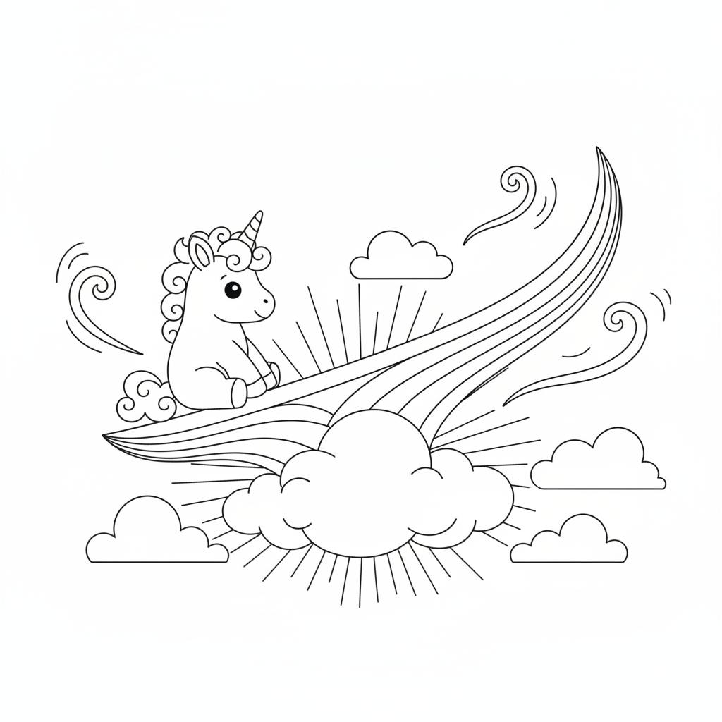 Niedlicher Einhorn auf einem Regenbogen — Einhorn Ausmalbild — Kostenlos Ausdrucken