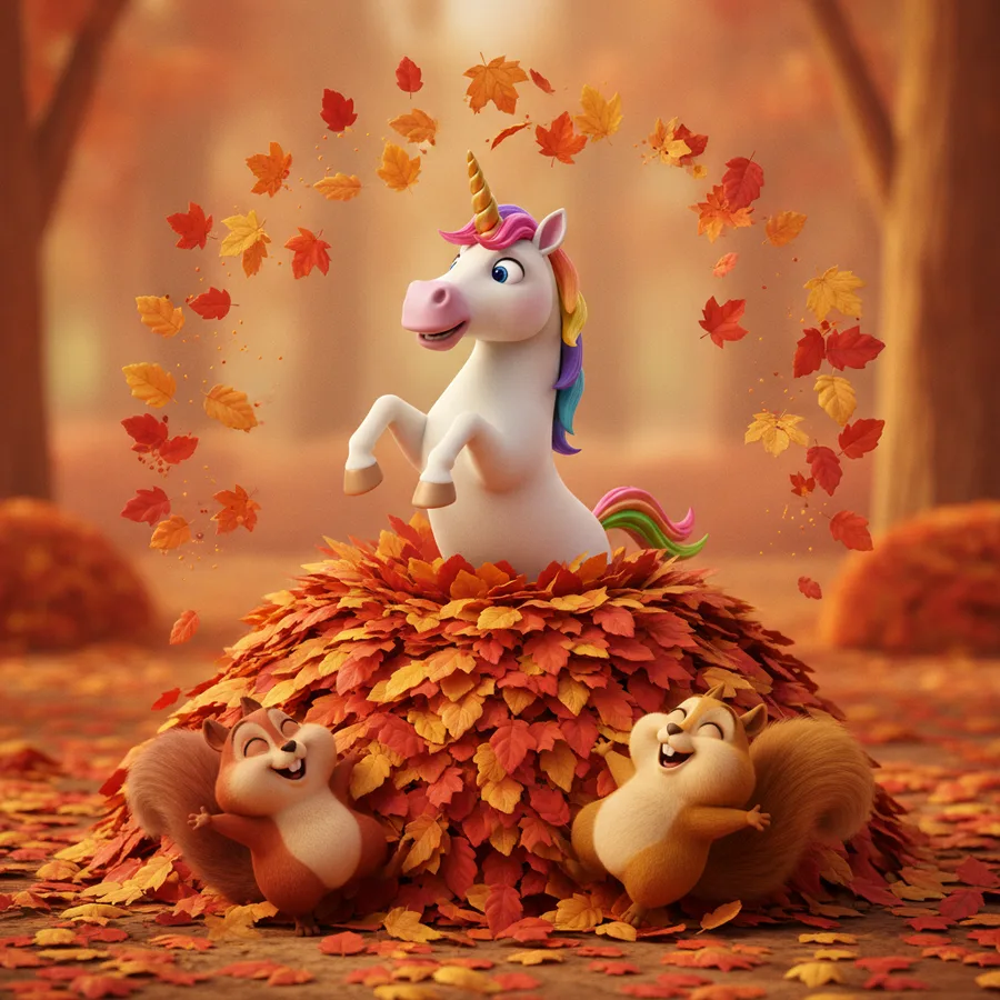 This coloring page features a cheerful unicorn with a rainbow mane surrounded by colorful autumn leaves. The large areas of the leaves are easy to color, while the unicorn's mane offers a fun challenge.