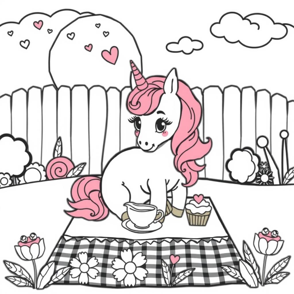 Pink Unicorn Picnic — Free Coloring Page for Kids coloring page