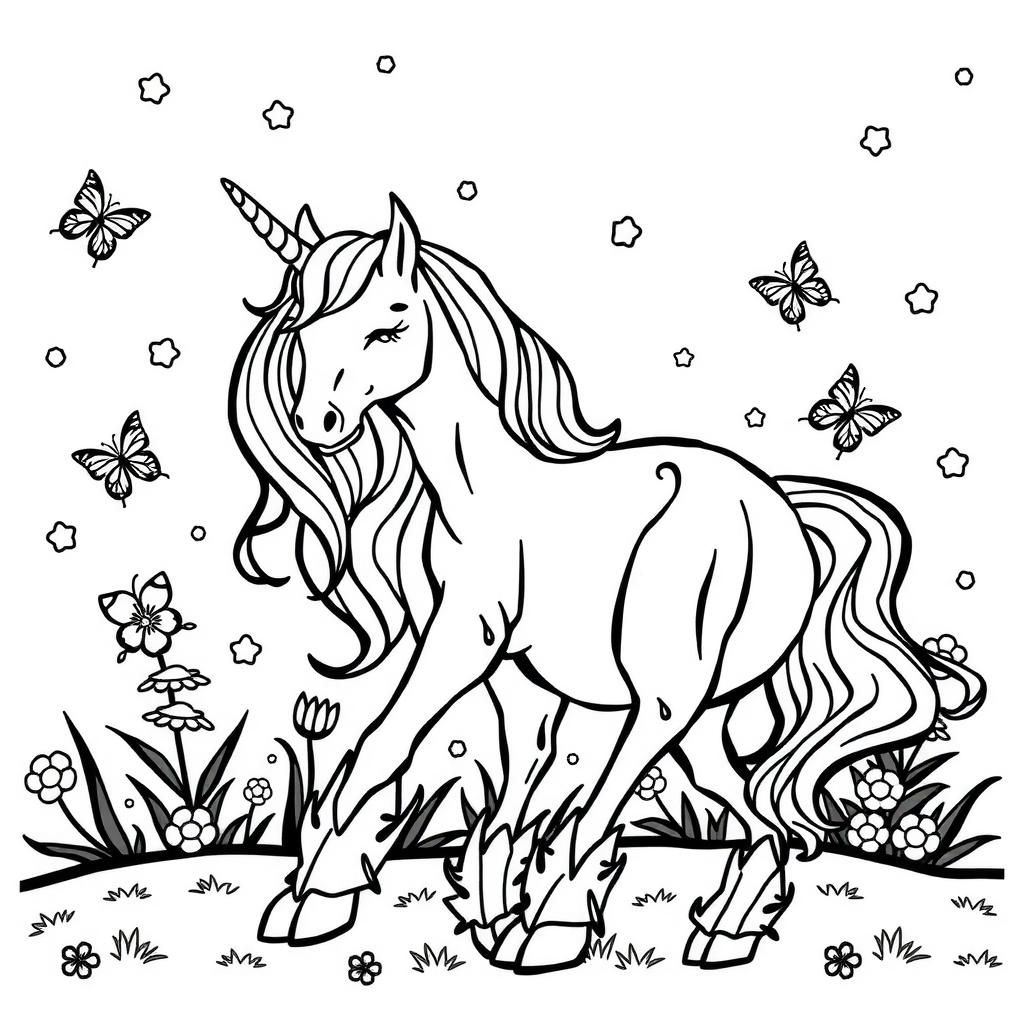 Rainbow Mane Meadow — Unicorn Coloring Page coloring page