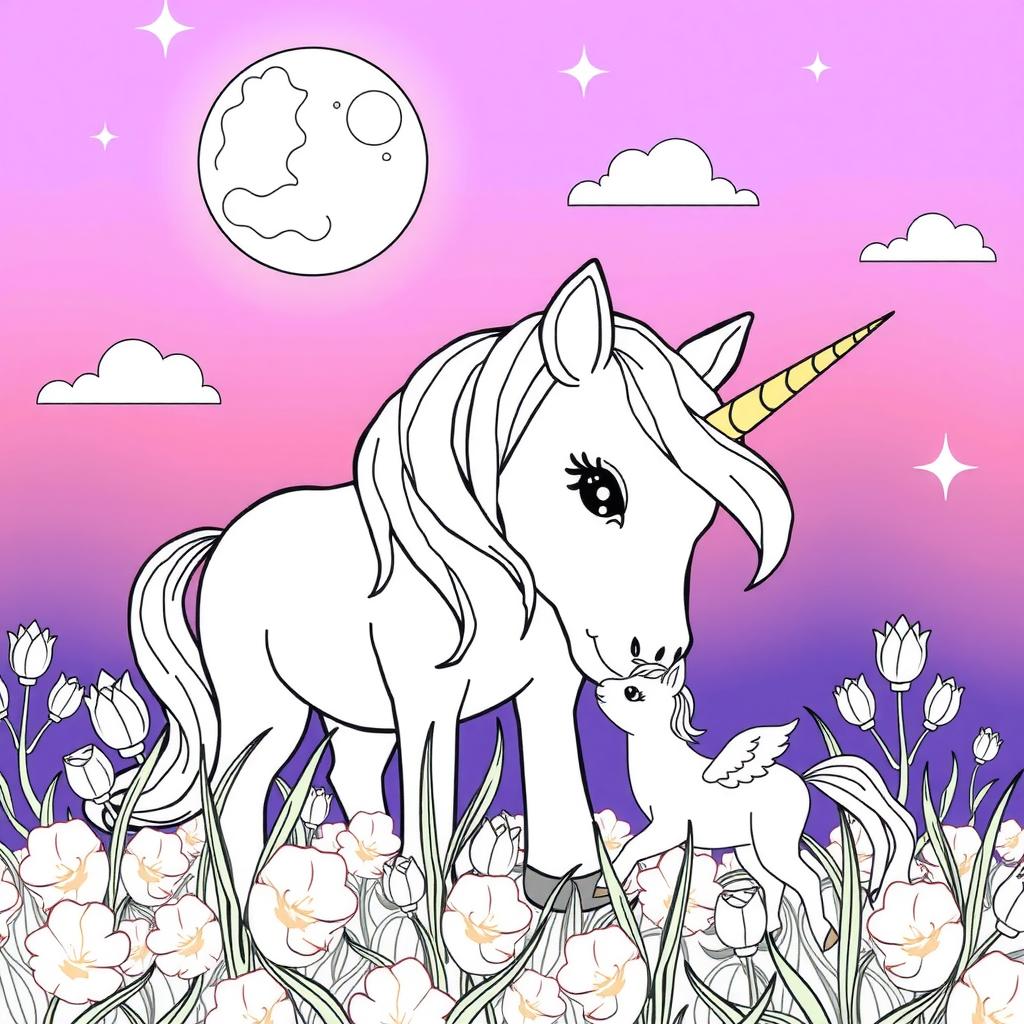 Mother Unicorn and Baby Unicorn in Flowers — Free Coloring Page for Kids coloring page