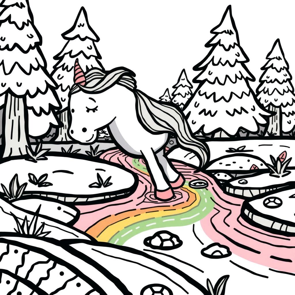 Rainbow Unicorn Stream — Free Coloring Page for Kids coloring page