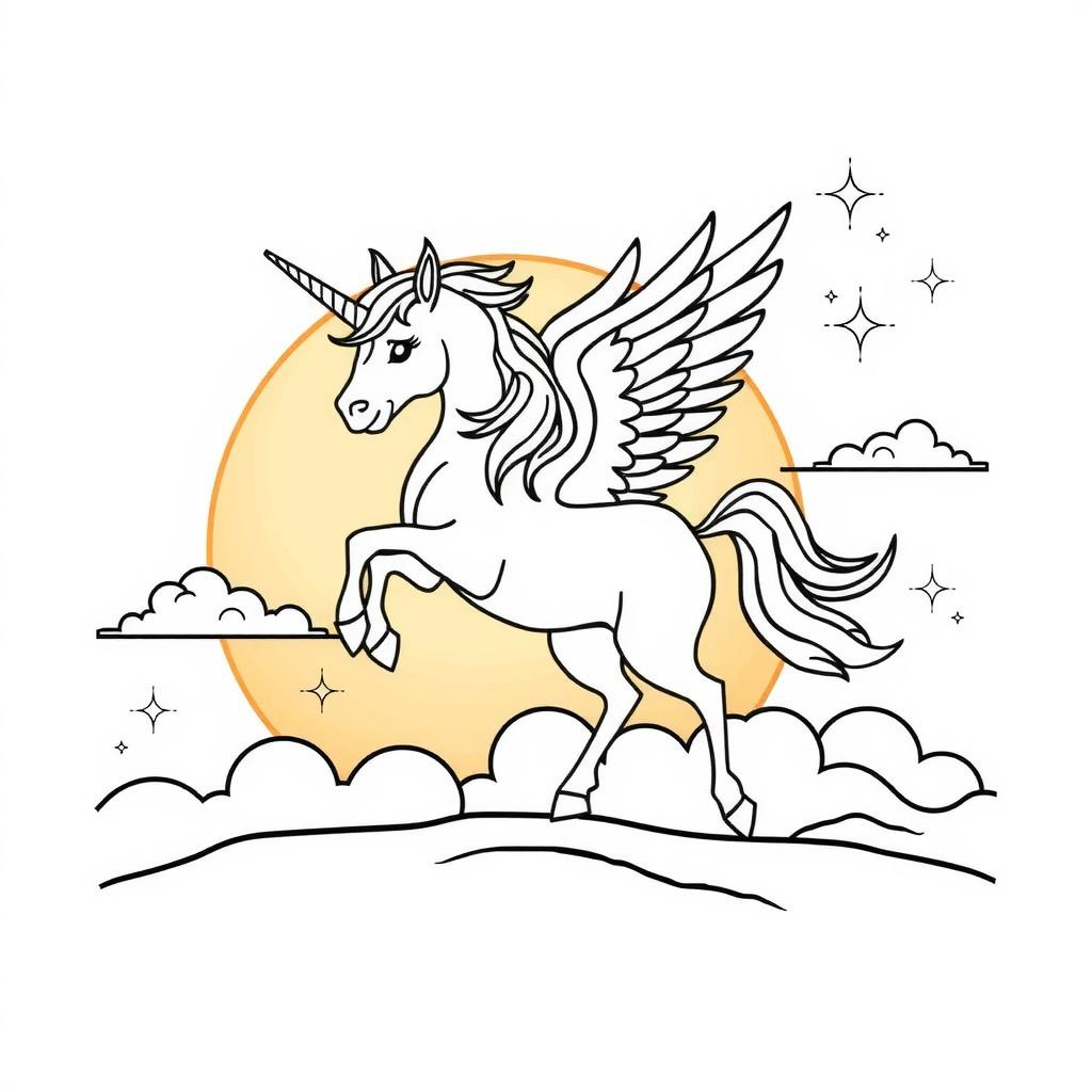 Winged Unicorn in the Clouds — Free Coloring Page for Kids coloring page
