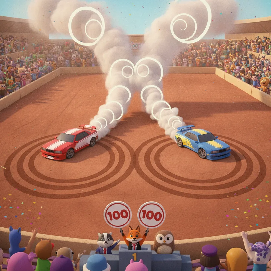 This lively car competition scene features two colorful cars and a cheering crowd of animals. The cars are easy to color, while the spectators add a fun challenge.