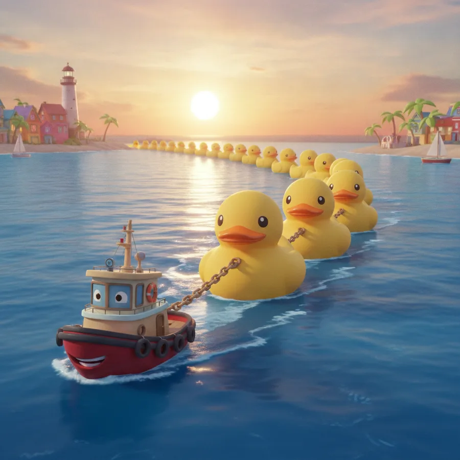 This coloring image features a cheerful tugboat with oversized rubber ducks. The simple shapes of the ducks are easy to color, while the details of the boat provide a fun challenge.