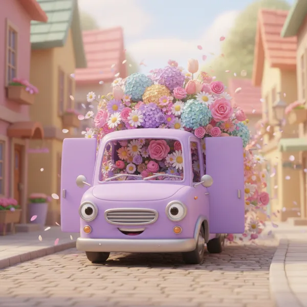 Whimsical Purple Van Overflowing with Flowers — Free Coloring Page for Kids