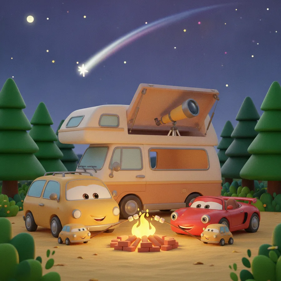 Esta página para colorir apresenta uma cena divertida de carros de desenho animado ao redor de uma fogueira, perfeita para crianças. As áreas fáceis incluem o céu e a fogueira, enquanto a van oferece um desafio interessante.